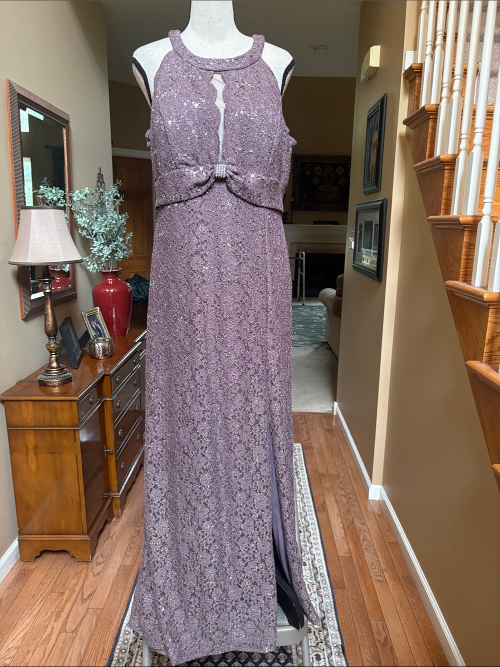 NW Nightway Elegant Lace Halter Evening Dress in Dark Lavender